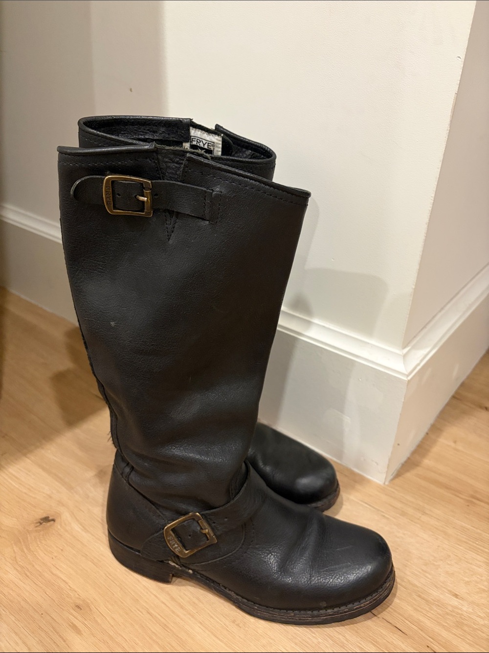 Frye Black Leather Buckle Riding Boots